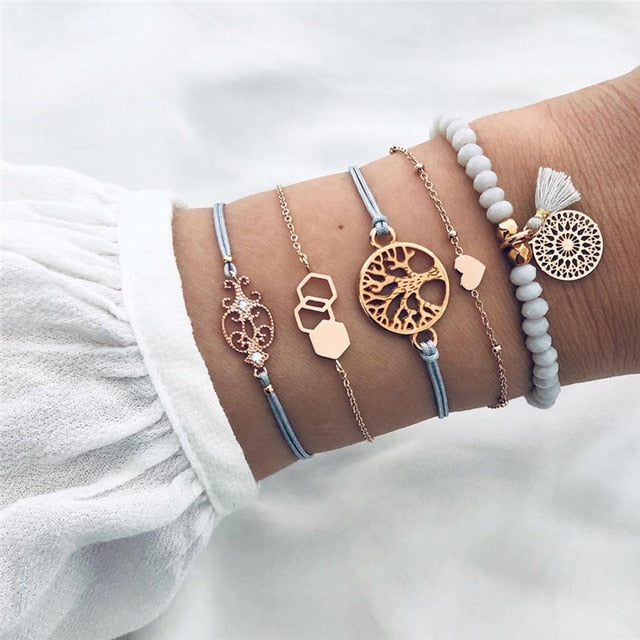 NEWBUY 6Pcs/Set Natural Beads Bracelet Boho Style Gold Heart Turtle Life Tree 8 Infinity Charm Bracelets For Women Girl